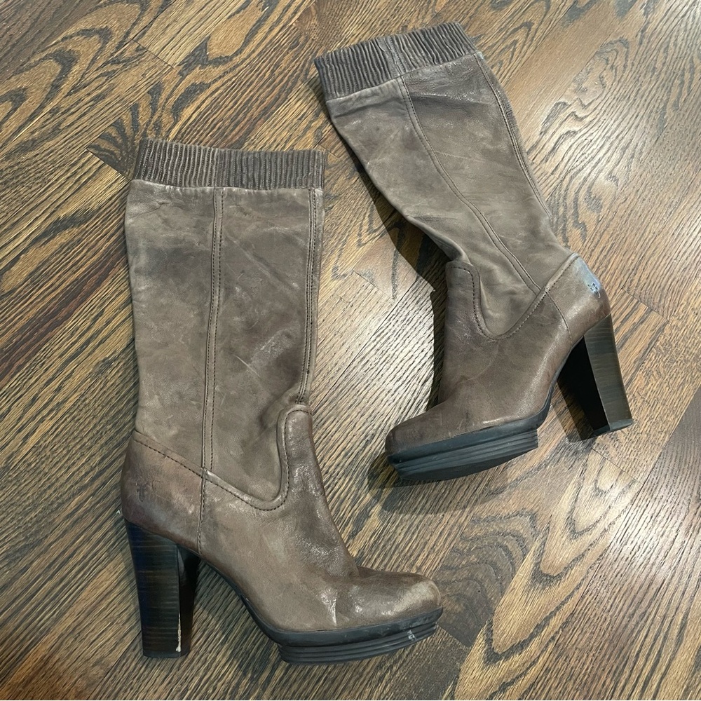 FRYE Mimi Scrunch Brown Leather Heeled Boots